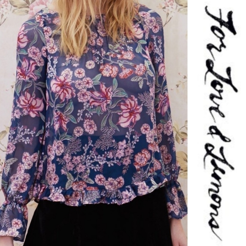 𝅺for LOVE AND LEMONS flora button back blouse floral burnout sheer blue xs